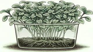 A sprouting green plant displays visible roots below soil inside a transparent pot.