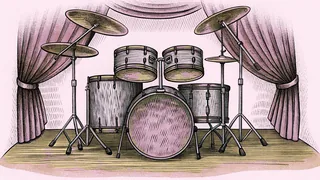 An assembled drum kit with crash cymbals and snare drum sits on a polished stage.