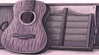 An acoustic guitar displayed on a wooden stand showing frets and silver strings.