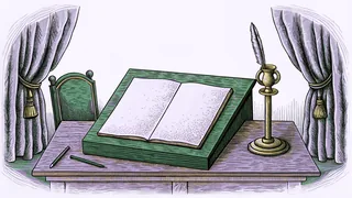 A quill, inkwell and reading lamp sit on a wooden desk beside a plain chair.