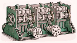 A cutaway engine block showing pistons and camshaft on a workshop stand.