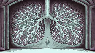 Detailed illustration of human lungs and respiratory passages in anatomical detail.