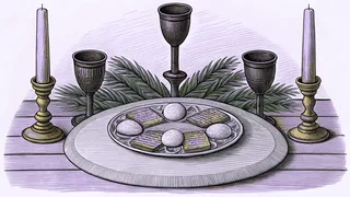 Matzo and ceremonial wine on a seder plate with candles