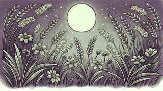 Spring flowers and golden wheat sway beneath a radiant full moon celebrating freedom.