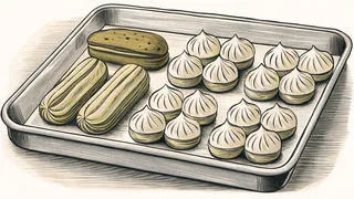 An assortment of international pastries displayed on white porcelain plates.