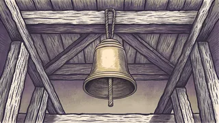 A large cast brass bell hanging from a rope looped over a heavy timber crossbeam.