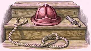 A toy fire helmet rests beside a coiled rope leash and a whistle on a wooden step.
