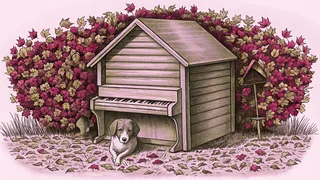 A beagle's doghouse sits beside a piano and a kite tangled in autumn leaves.
