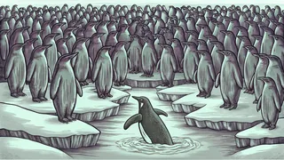 Penguin colony huddled on ice with one diving into the water.