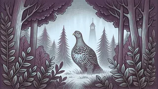 A grouse forages among hemlock and laurel beneath colonial Philadelphia's skyline.