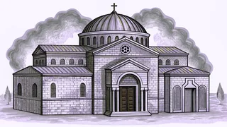 Tongues of fire and divine light descending over an ancient stone church in Jerusalem.