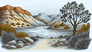 A sparkling lake nestles in the desert, surrounded by hiking trails and rock formations