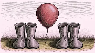 A pair of small rubber boots beside a red balloon.