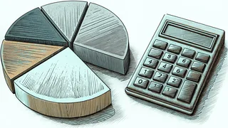 Percentage circles beside a calculator on a financial workspace surface.