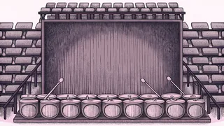 A percussion display shows drums, gongs, and xylophones on tiered stands with mallets, cymbals, and bells arranged around them.