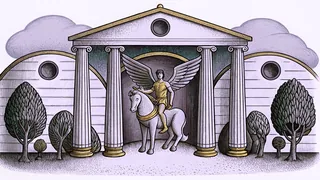 A mythical centaur with a bow stands beside a white Pegasus with a gleaming sword.