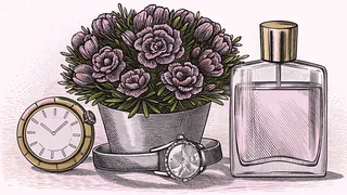 A diamond ring gleams beside a fragrant bouquet with an elegant watch and perfume.
