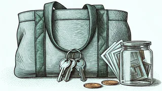 A kitchen counter holds a canvas grocery bag, a set of house keys and a glass coin jar.