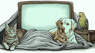 A domestic cat and dog resting together while a vibrant parrot watches from above.