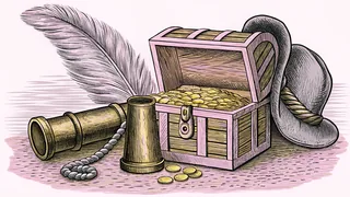 Gold coins spill from a treasure chest beside a brass telescope and a feathered hat on a dock post.