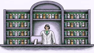 A pharmacy counter with various medication bottles and a pharmacist at work.