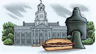 Philadelphia's iconic Liberty Bell monument with historic brick buildings nearby.