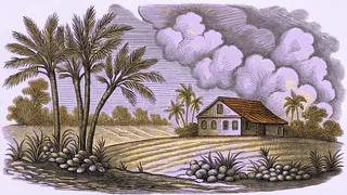 A tropical storm rages as dawn breaks over an island archipelago.