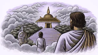 Divine entities preside over a sacred volcanic mountain shrouded in mist.
