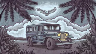 A jeepney travels through islands with mountains and blue waters beneath a native eagle