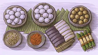 A Philippine market stall displays rice cakes in clay pots, grilled meats on banana leaves, and spices in wooden bowls.