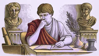 Scholar seated at a desk surrounded by classical marble busts and antiquities.