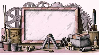 An inventor's workbench displays gears, paints, and craft materials in organized chaos.