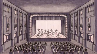 Gymnasium with students in fitness circuits stretching and sprinting.
