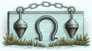 Two conical plumb bobs hanging by chains from a wooden board, with a horseshoe magnet mounted between them above tufts of grass.