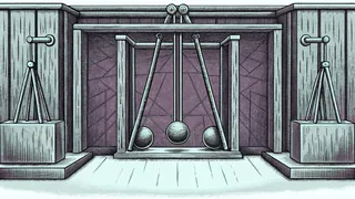 A pendulum swinging in a laboratory filled with scientific apparatus.