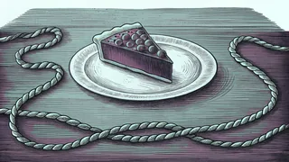 A single slice of pie on a plain plate beside a coil of braided rope.