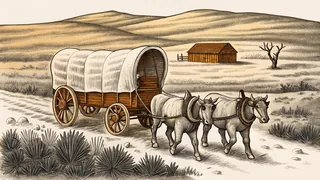 A covered wagon with oxen and horses traveling westward across the American frontier landscape.