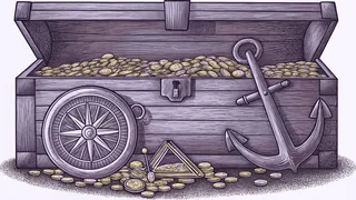A wooden treasure chest overflows with gold coins beside an anchor and compass.