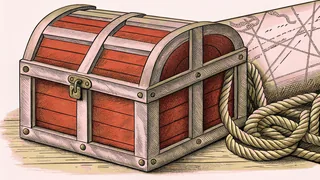 An ornate treasure chest sits among rope coils and a weathered map near wooden ship rigging elements.