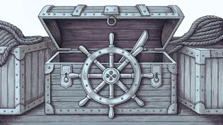 An open treasure chest with a cutlass, ship's wheel and brass spyglass.