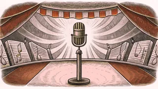 A stage microphone positioned on a stand with musical notes and theatrical lighting effects in the background.