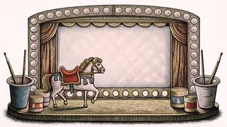 A carousel horse and artist's palette rest near a blank theatre marquee.