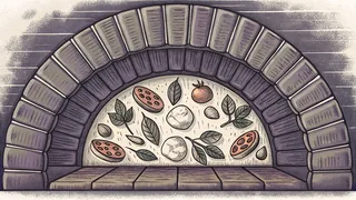 A pizzeria oven with a freshly baked pizza featuring melted cheese, pepperoni, and basil leaves.