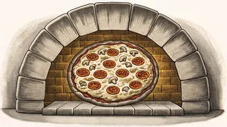 A bubbling pizza with pepperoni, vegetables, and melted cheese fresh from the oven.