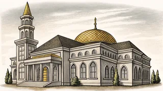 A mosque's minaret, a tiered pagoda roof, and a cathedral spire stand together against the sky.
