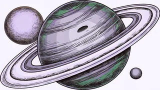 Saturn's rings frame cratered moons including Titan in a cosmic eclipse.