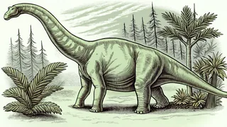 A long-necked dinosaur bends to eat ferns and cycad plants in a prehistoric forest.
