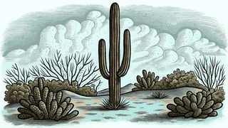 Diverse plant species from cacti to creeping vines create a rich botanical landscape.