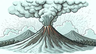 A ridge of cracked plates sits above glowing magma as a volcano erupts nearby.