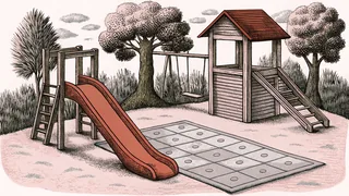 A red slide and wooden swing set stand in a sunny playground beside hopscotch.